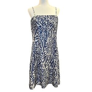 Ann Taylor Silk Floral Ruched Cocktail Dress Navy Blue White Size 12 (A739)